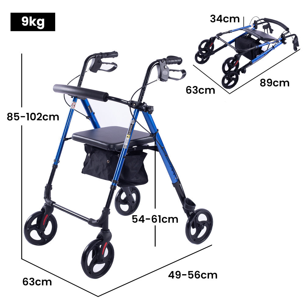 EQUIPMED Lightweight 4-Wheel Rollator Walker for Stability and Independent Living - Blue