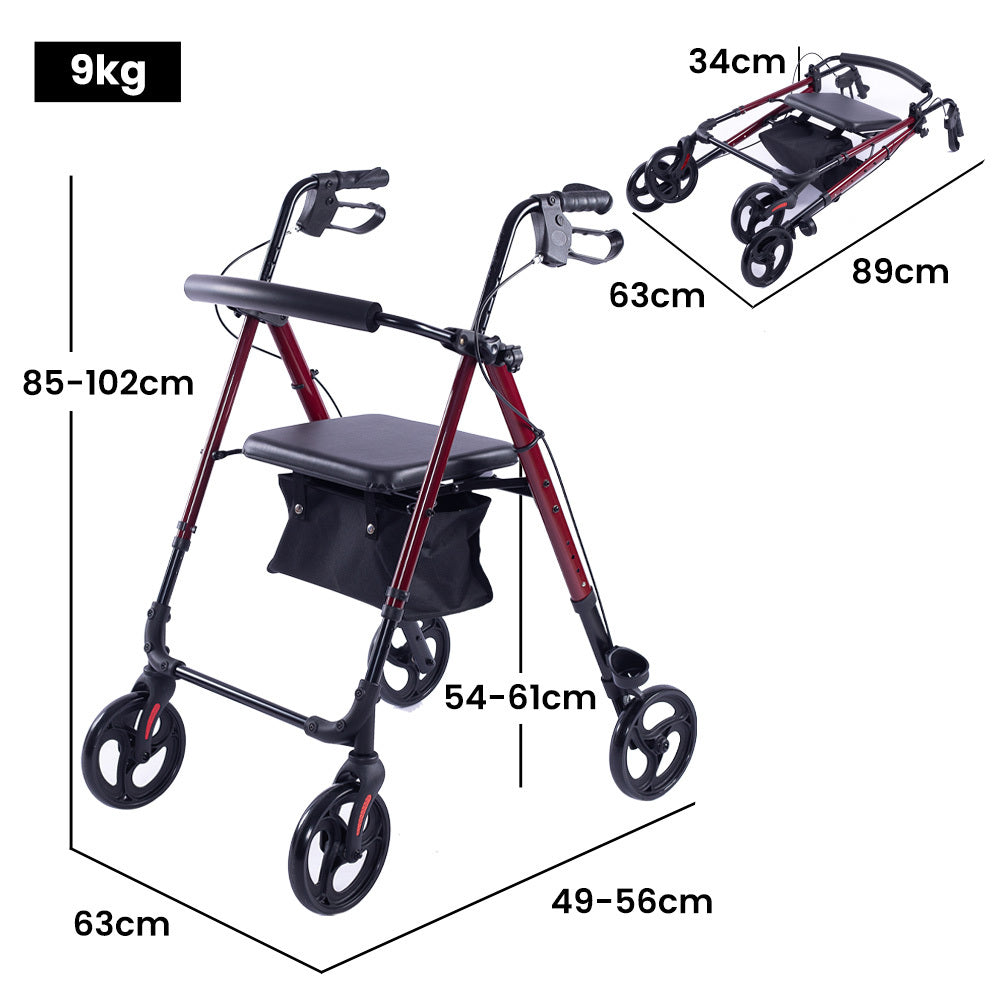 EQUIPMED Lightweight 4-Wheel Rollator Walker for Stability and Independent Living - Red